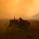 A farmer drives a tractor as he uses a hose to put out a fire burning in his paddock and near homes on the outskirts of the town of Bilpin on December 19, 2019 in Sydney, Australia.